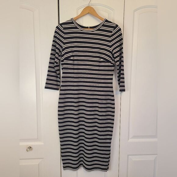 Ann Taylor Black White Striped Midi Length Dress Size S Career Office 3/4 Sleeve - Picture 6 of 13
